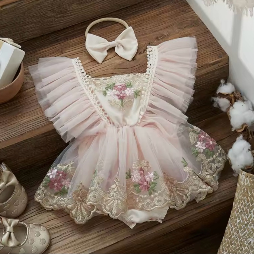 Baby Girl Tulle Romper Dress w/Embroidered Flowers + Matching Bow (0–3M, 3–6M)